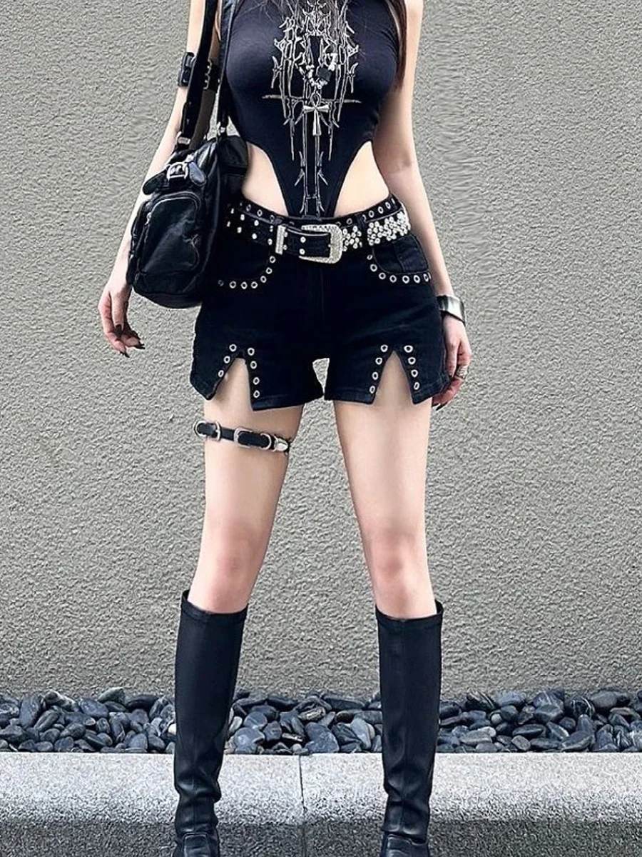 

Low Waist Bla Denim ort Pants Women's Design Sense New Sle Wide Leg Super ort Hot Pants Trendy Rivet Spicy Girl