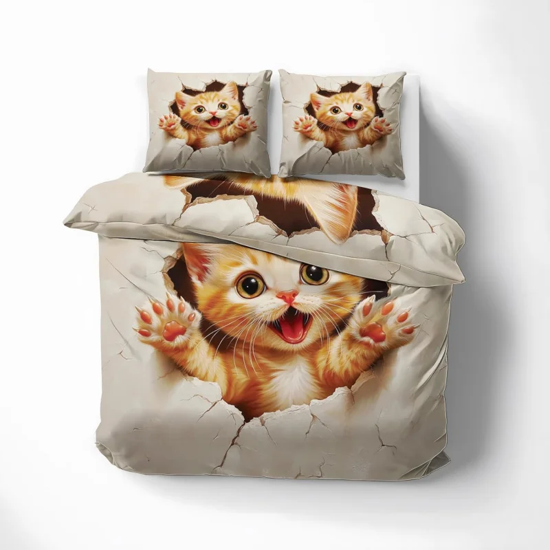 Cute cat duvet cover, animal duvet cover, with zipper and 2 pillowcases, 1 duvet cover without blanket