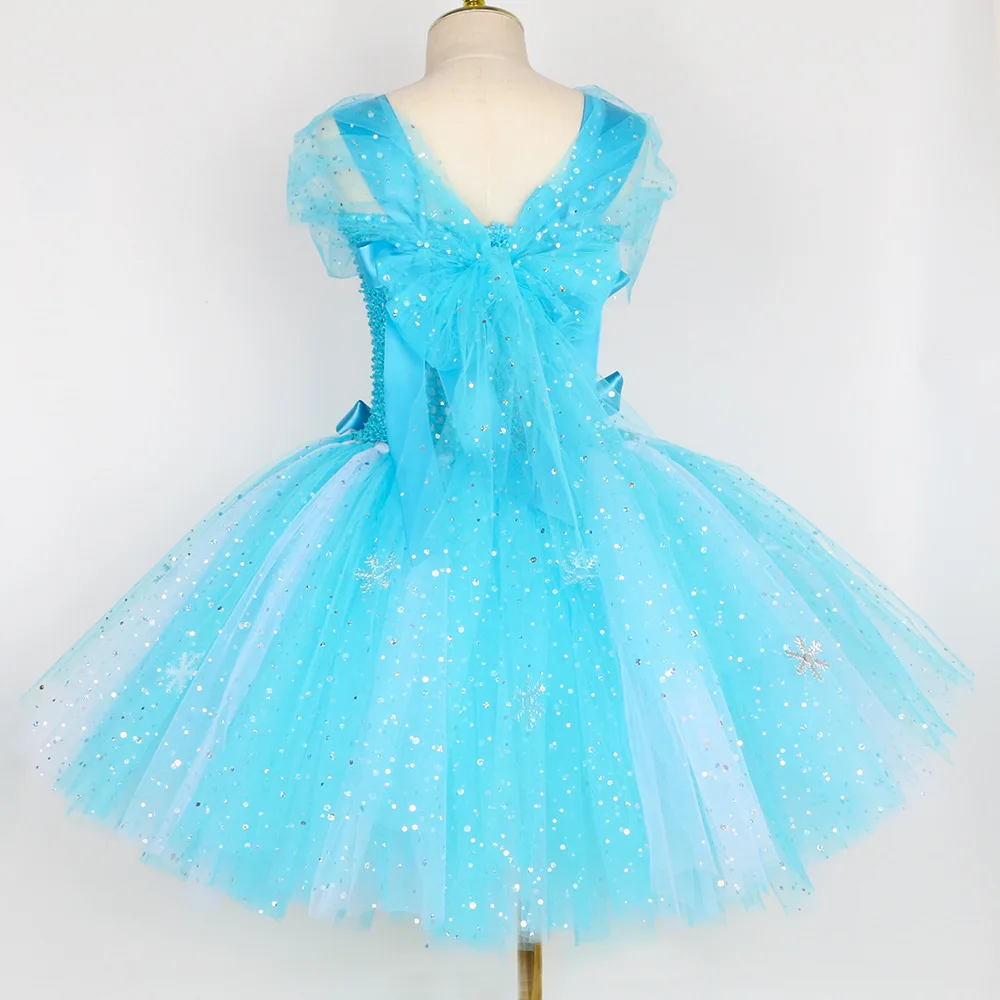 GirlSky Blue Sequin Sparkly Princess Mesh Dress Stage Performance Carnival Fancy Party Outfit Glitter Holiday Role Play Clothing