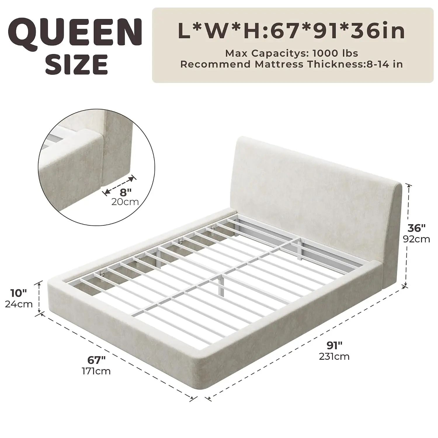 Queen Bed Frame Ergonomic Headboard 360° Foam Surround Low Profile No Box Spring Easy Assembly, Customized