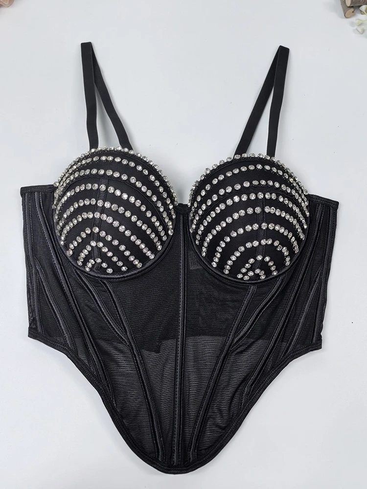 

SsTss Luxury Rhinestone Mesh Corset Women Sexy Black Hollow Out Sleeveless Skinny Boned Bustier Crop Top Stage Performance Camis