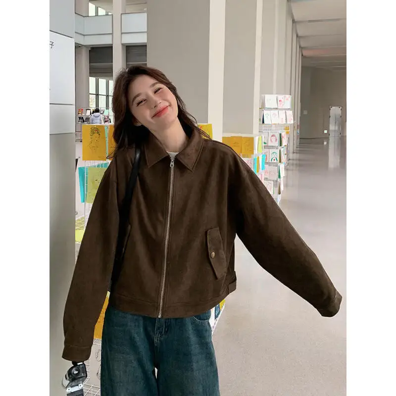 فتاة براون سترة جلدية معطف حسن المظهر الترفيه ربيع الخريف قليل نمط قصير قاطرة القمم سترة أنيقة تحمل شعار لعبة البيسبول بالجملة #2