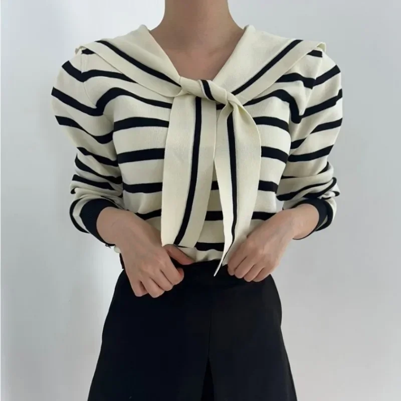 Sailor Collar Ropa Mujer 2024 Woman Sweater Hit Color Stripe Roupas Feminina Long Sleeve Tops Autumn Elastic Outerwears