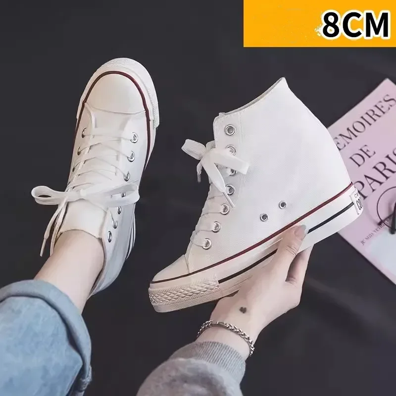 

High 8cm Platform Canvas Shoes for Women Hidden Heels High Top Casual Shoes Fashion Designer Thick Sole Wedge Sneakers for Women