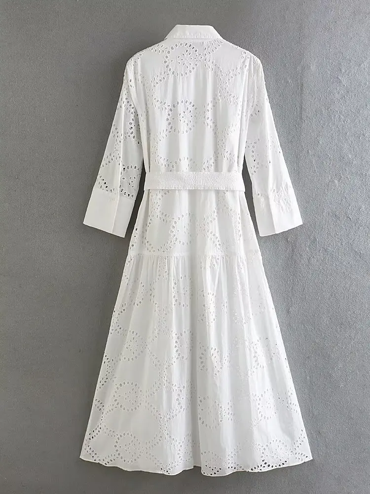 Summer Shirt Dress Women Button Up Midi Dress Female Lapel Long Sleeve Elegant Dress Female Hollow Out White Dress With Belt