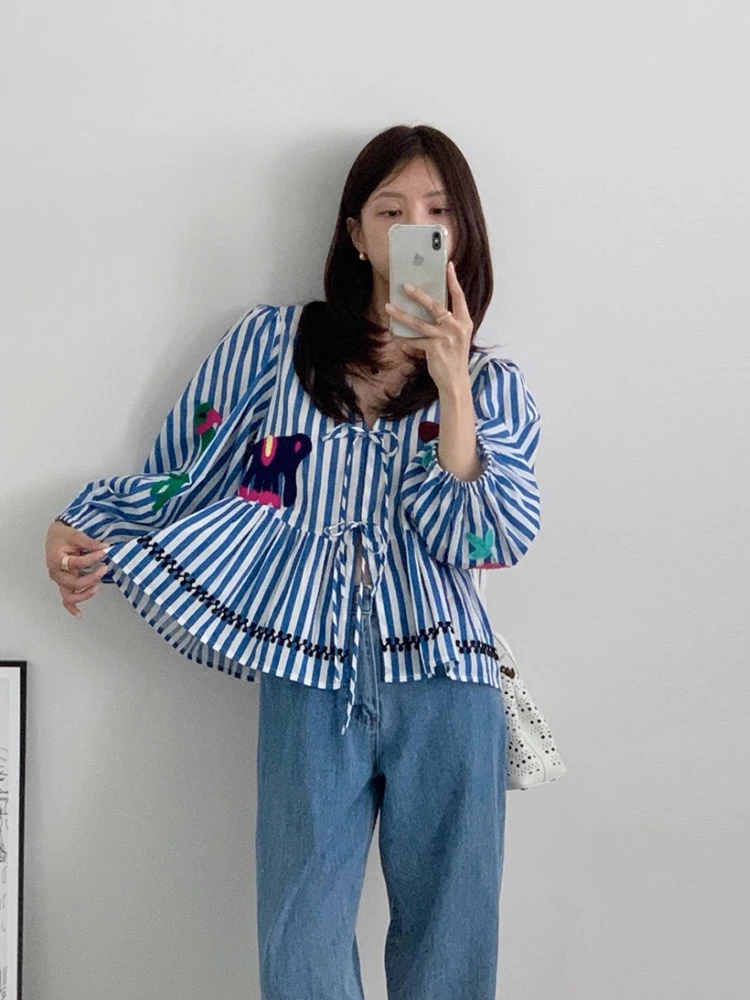 Csa de Mujer Liangliang, Linda, Antienvejecimiento, con Bordado Intenso, Estampado a Rayas, Estilo Vintage, con Cinturón, ...