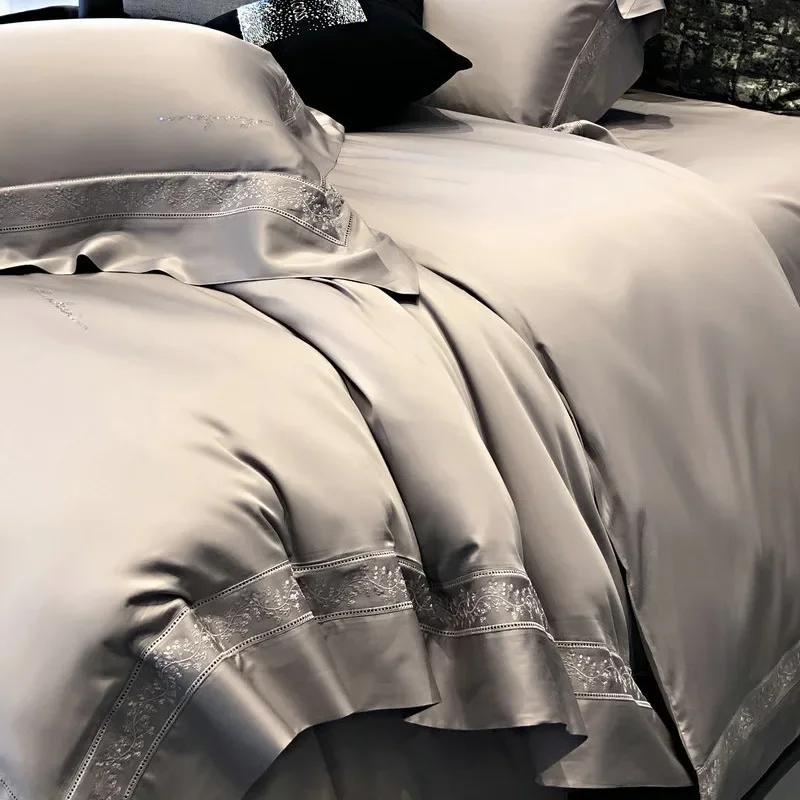 \ Italian 100 Tencel cotton embroidery four-piece set hollow hot diamond quilt cover sheets light luxury bedding