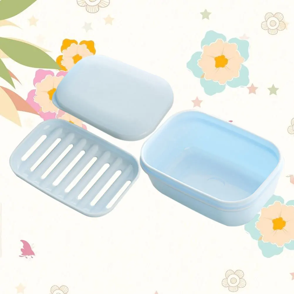 

2pcs Rectangular Soap Box Blue Holder Dish Drainage Travel Bathroom Kitchen Counter Case Container