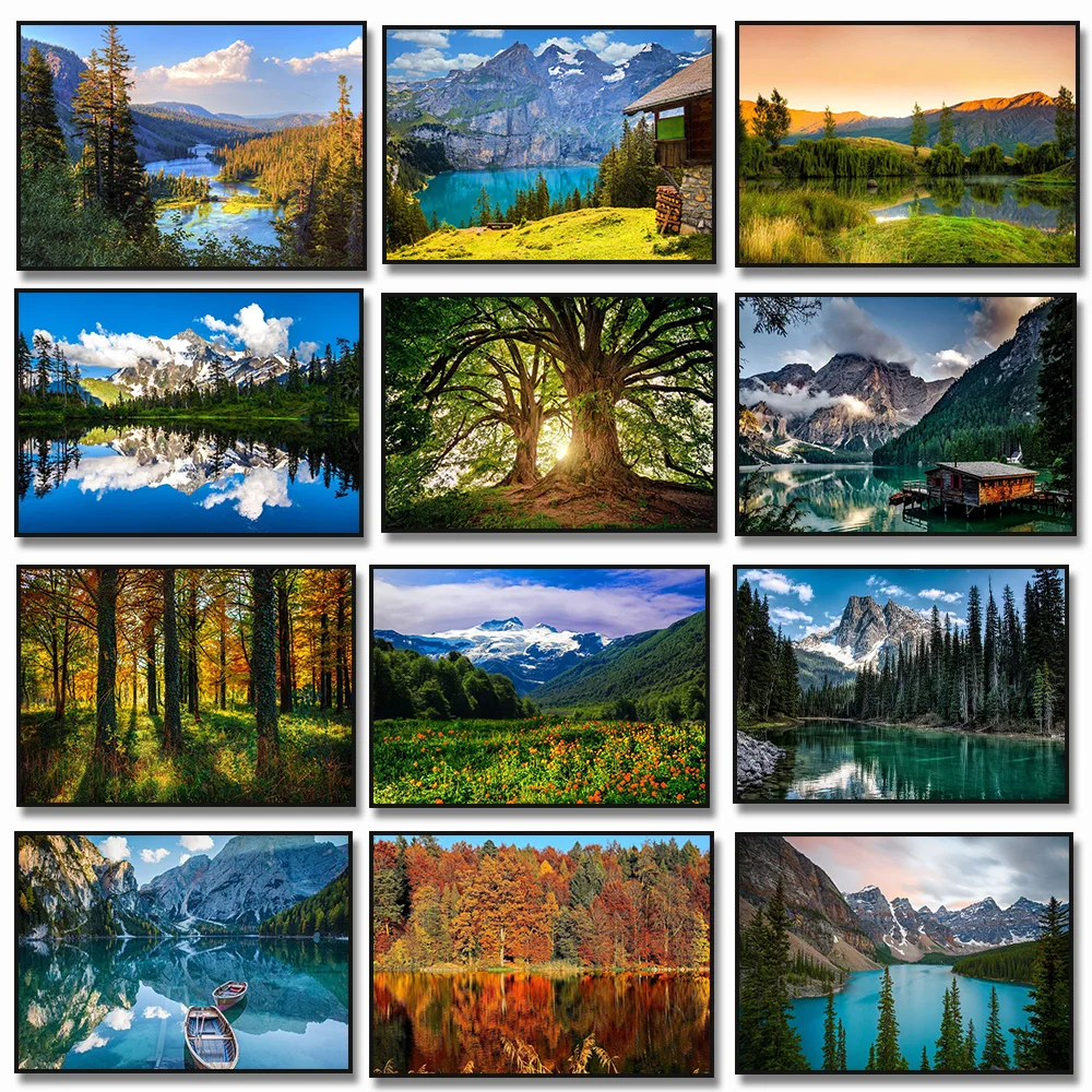 Nature Landscape Forest Mountain Lake Boat Waterfall Tree Poster Canvas Painting Wall Art Pictures Nordic Mural Home Decor Gift
