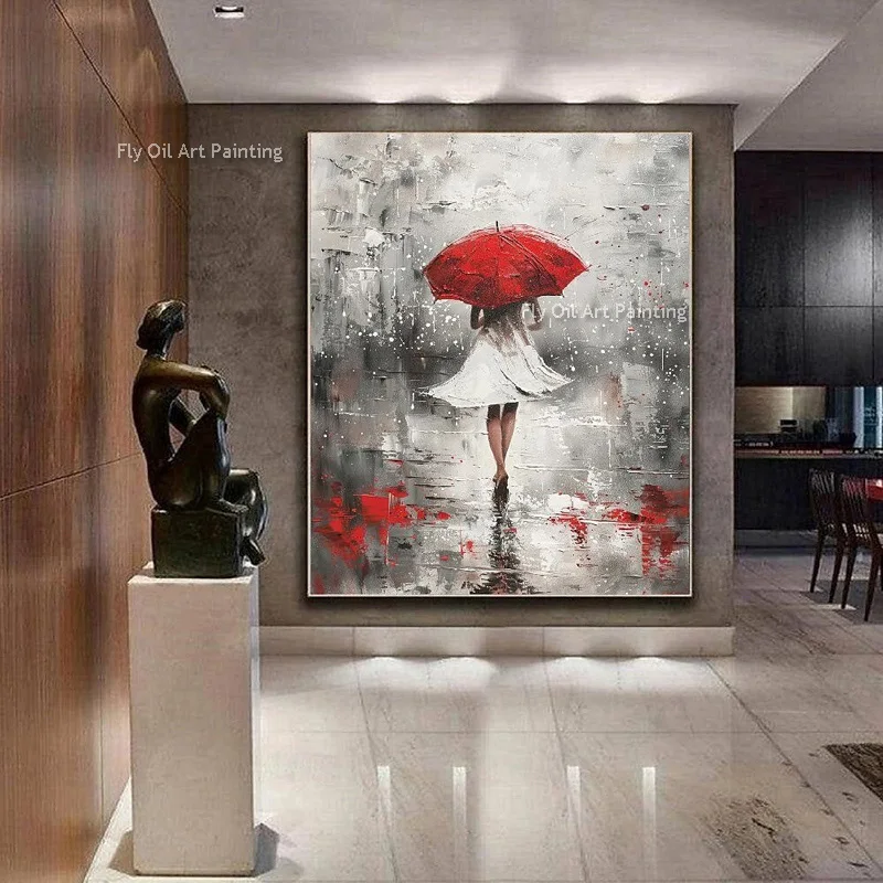 Modern Artwork Women Wear White Dress With Red Unbrella Oil Painting Handmade Girl Walking In The Rain Wall Art Original Decor