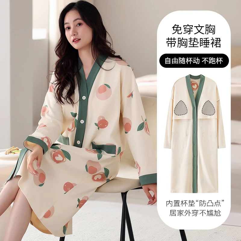 Big Size M-5XL Spring and Autumn Women Nightdress With Chest Pad Femme Knited Cotton Nightwear Floral Nightgown