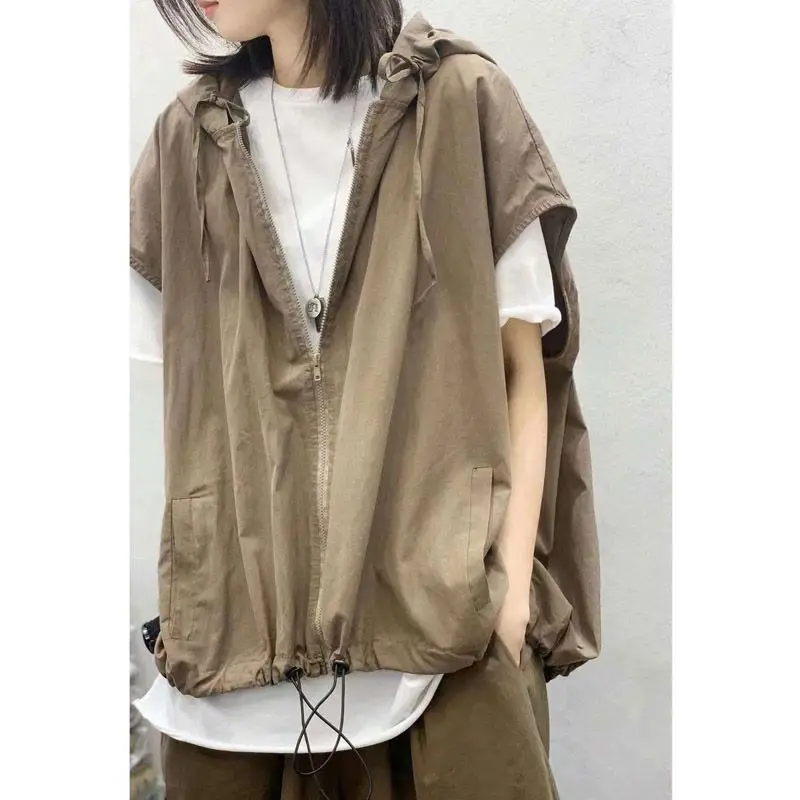 Women's Fashion Hooded Drawstring Zip Loose Blouse Spring Summer New Solid Versatile Korean Top