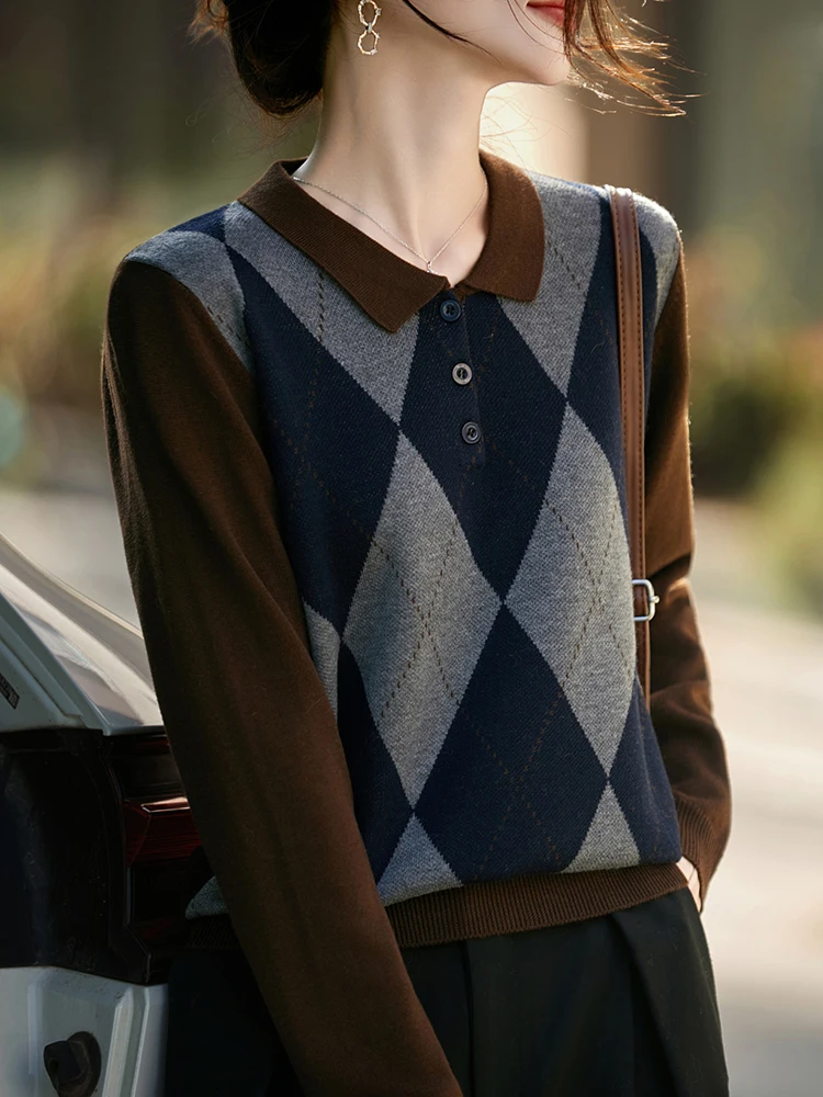 

Sli Knitted Base irt Women's Spring Autumn Faionable Top Large Size Women's Autumn Winter Sweater Flip Collar Patchwork