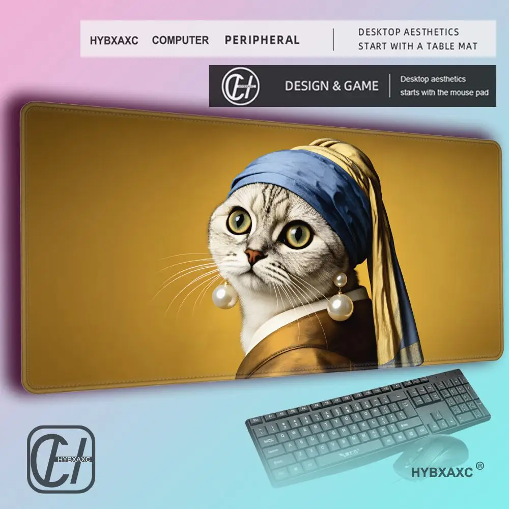 HYBXAXC Funny Art Cat Mouse Pad, Cute Famous Painting Cat Desk Mat, Non-Slip Rubber Gaming Keyboard Pad, Decor for Cat Lovers
