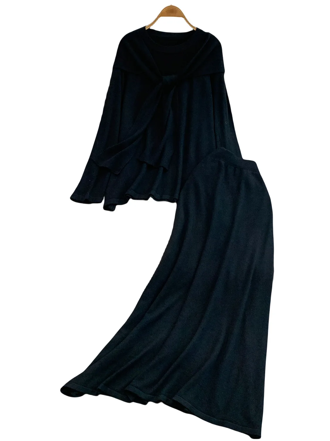 ay Simple Knitted Long Sve Hat oulder awl round Ne High Waist  Skirt Set Faionable Slimming Ensemble for Women