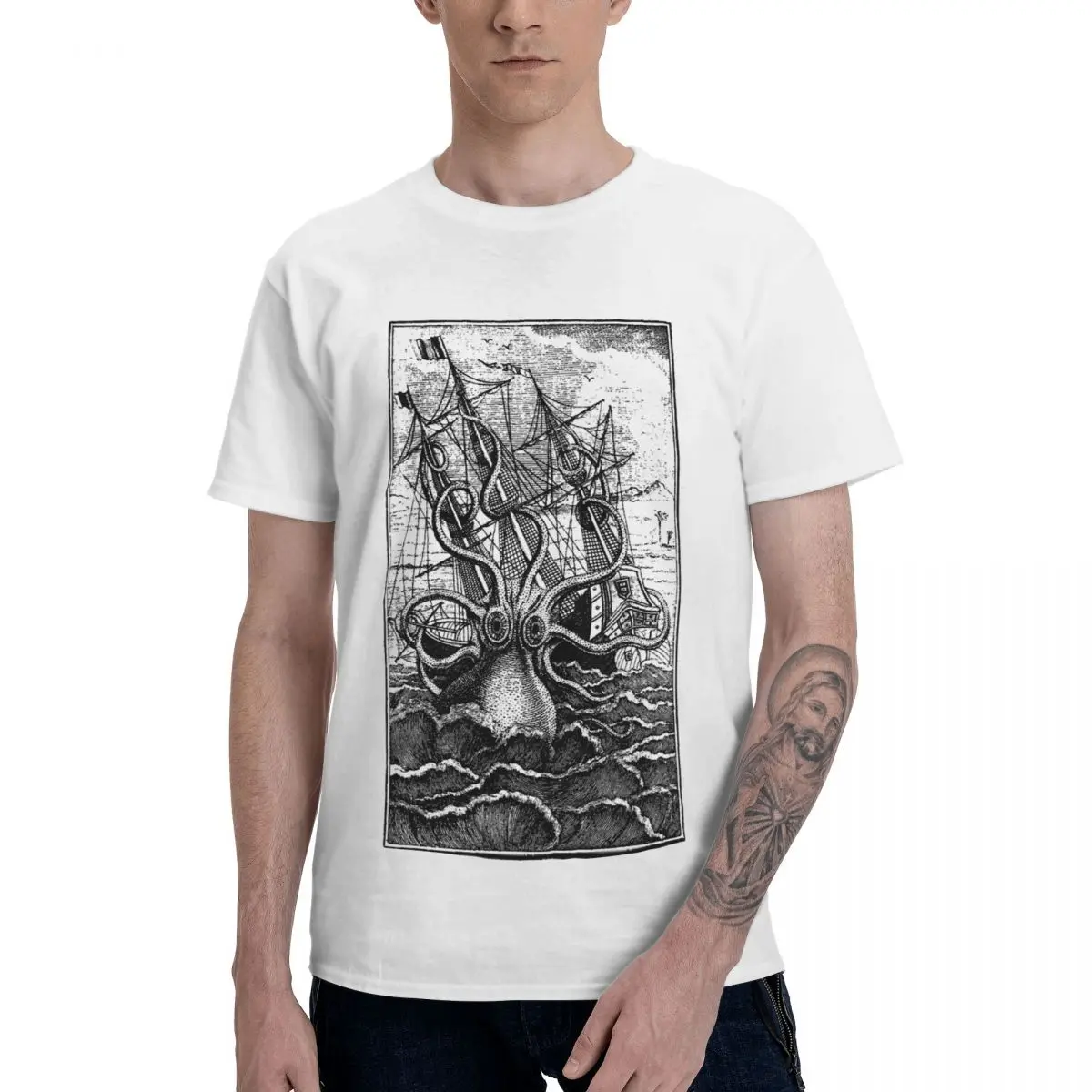Fashion  Kraken Attacking Ship T Shirts Pure Cotton Crewneck Men T Shirt Short Sleeve PlClassic Tee Clothes Summer