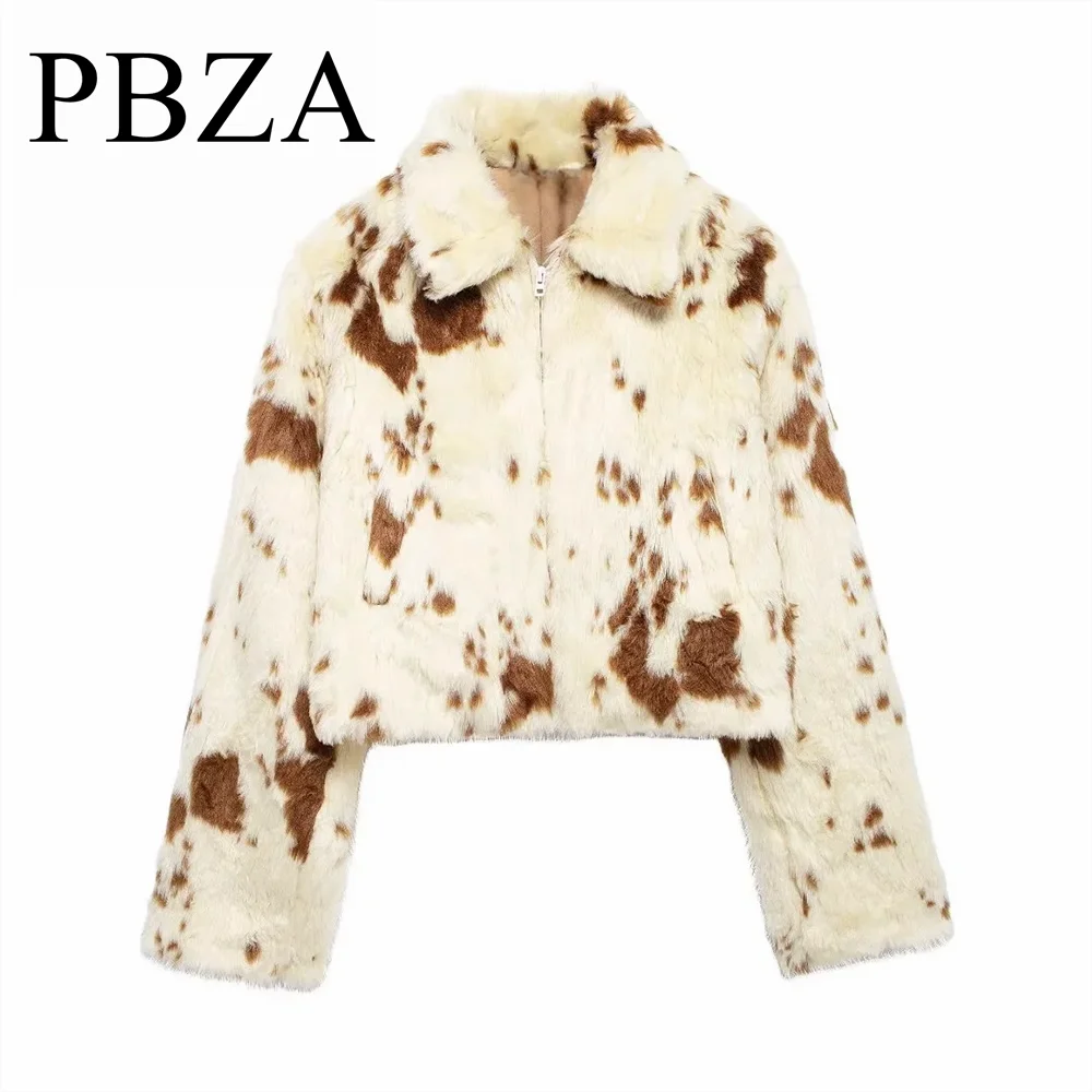 

New autumn and winter women's artificial fur effect buttonless printed long sleeved lapel knitted jacket