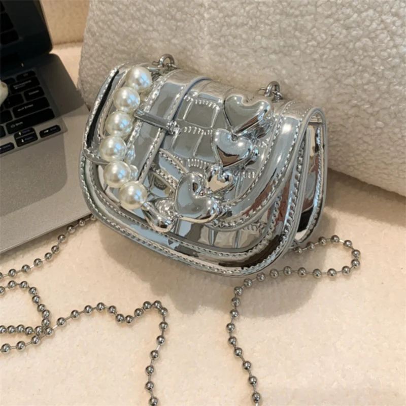 Women New Fashion Trendy Pearl Chain Accent Silver Glossy Luxe Niche Design Mini Crossbody Bag Versatile Daily Chic