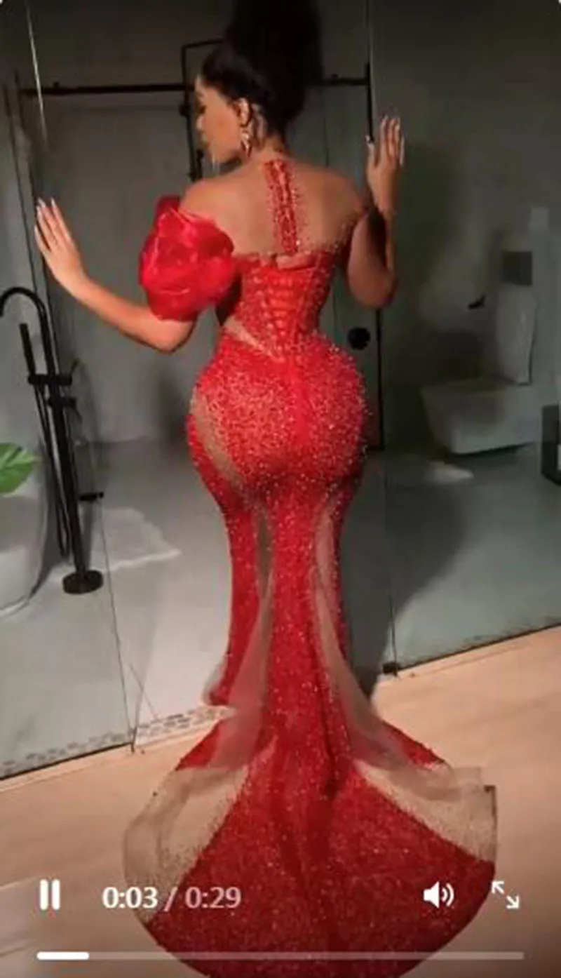 Sparkly Red Sequined Prom Dresses Sexy See Through Off The Shoulder Mermaid Evening Gowns Sweep Train African Women Formal Wear