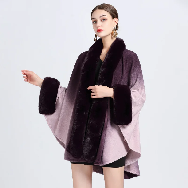 

Autumn Winter New Imitation Otter Rabbit Fur Collar Hanging Dyeing Cape Women Knit Ponchos Lady Capes Purple Cloak