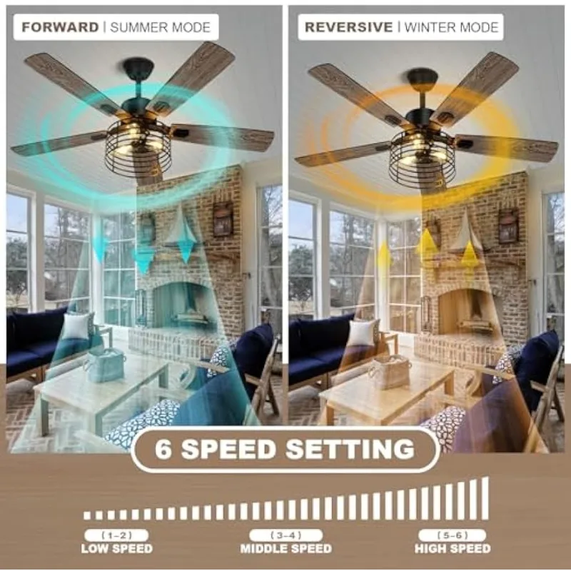 52 Inch Farmhouse Ceiling Fan with Light and Remote,3-Lights Rustic Ceiling Fan with Caged Ceiling Fan,5 Dual Finish Blades