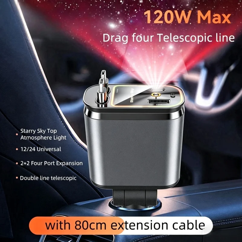 120W 4 In 1 Retractable Car Phone Charger With RGB Starry Sky Light USB Type C Fast  Charger Cable for Xiaomi Huawei Samsung
