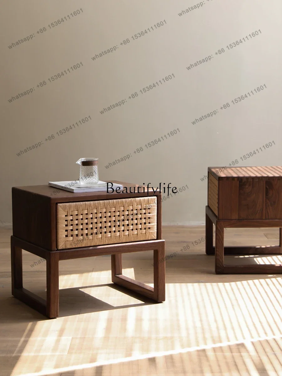 Chinese Style Bedside Table Pure Solid Wood Bedside Cabinet Nordic and Japanese Style Black Walnut Side Table Charming Style