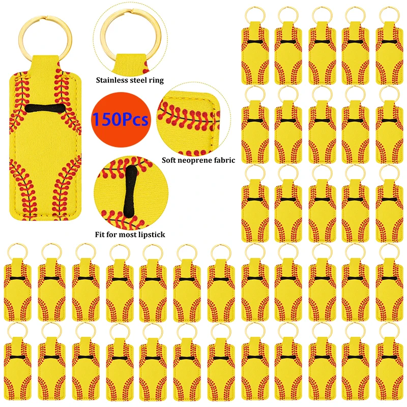 

150pcs Keychains Neoprene Yellow Baseball Lipstick Holder