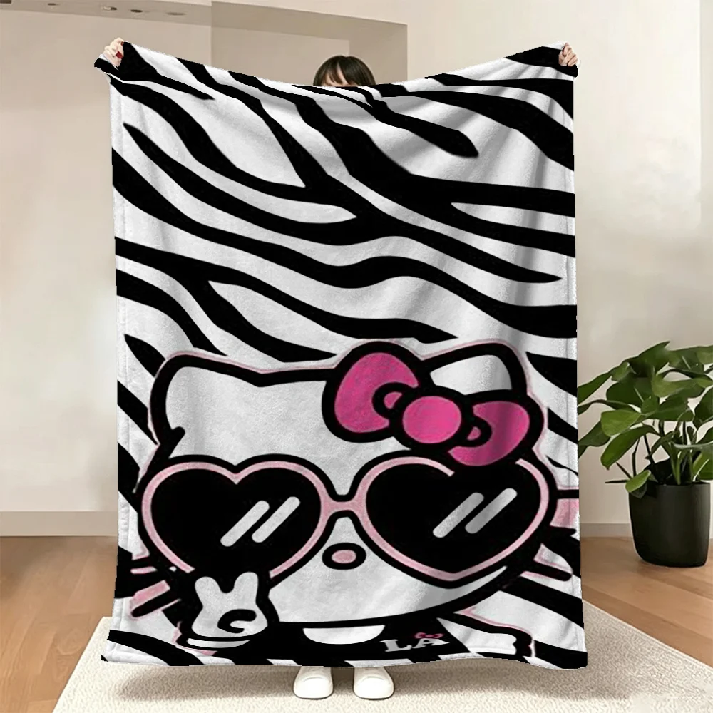 Zebra Print Cartoon Cat Throw Blanket Soft Flannel Fleece with Heart Sunglasses Bow Cool Home Decor Bed Sofa Cover for Kids