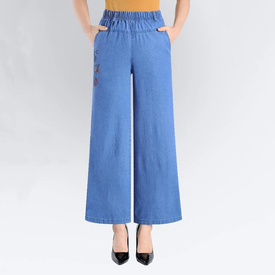 Ricamato Oversize 5xl Mom Jeans larghi Casual Capris elastico a vita alta pantaloni a gamba larga pantaloni in Denim blu coreano Vaqueros