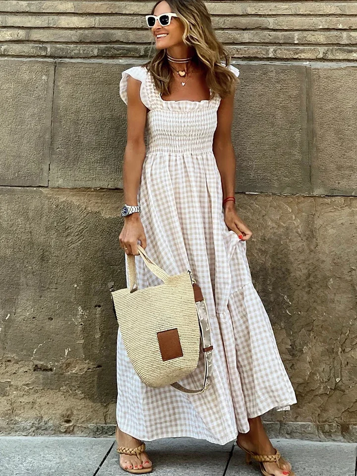 

Casual Slash Neck Slip Maxi Dress Office Lady Spring Summer Fashion Elegant Solid Plaid Sleeveless Dresses For Women 2023 white