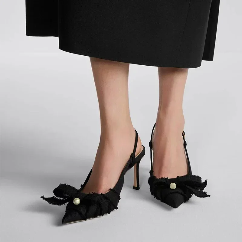 Bowknot Pearl Slingback Pointed Toe Stiletto Sandals Woman Summer 2026 Sexy Black Hollow High Heels Women's Shoes Luxury