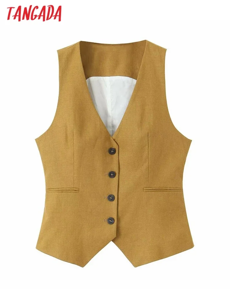 Tangada 2024 Women Khaki Cotton Linen Waistcoat Vintage V Neck Sleeveless Female Outerwear JE405