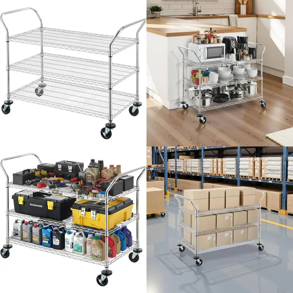 

Commercial 3-Tier Rolling Utility Cart, Heavy-Duty Kitchen Trolley with Wheels, 700 lbs Capacity, 24x48 Shelves, NSF Certified