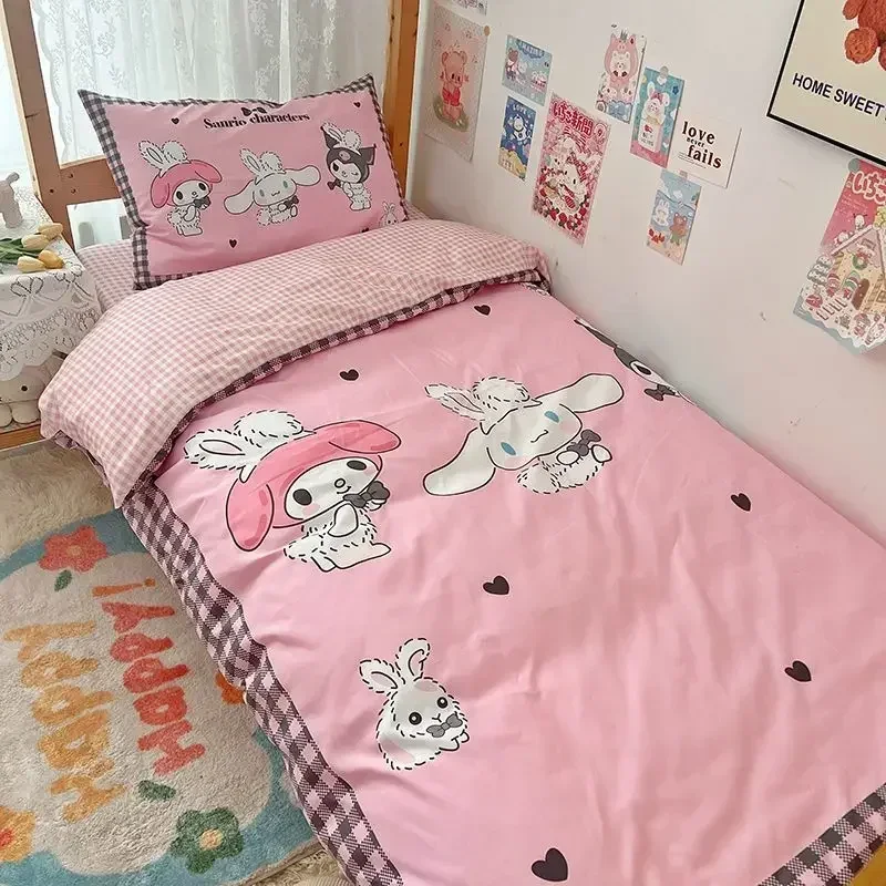 Sanrio Series Cartoon Cute Student Single Bed 3pcs/4pcs Set Girls Kulomi Bed Linen Quilt Cover Pillowcase Bedding