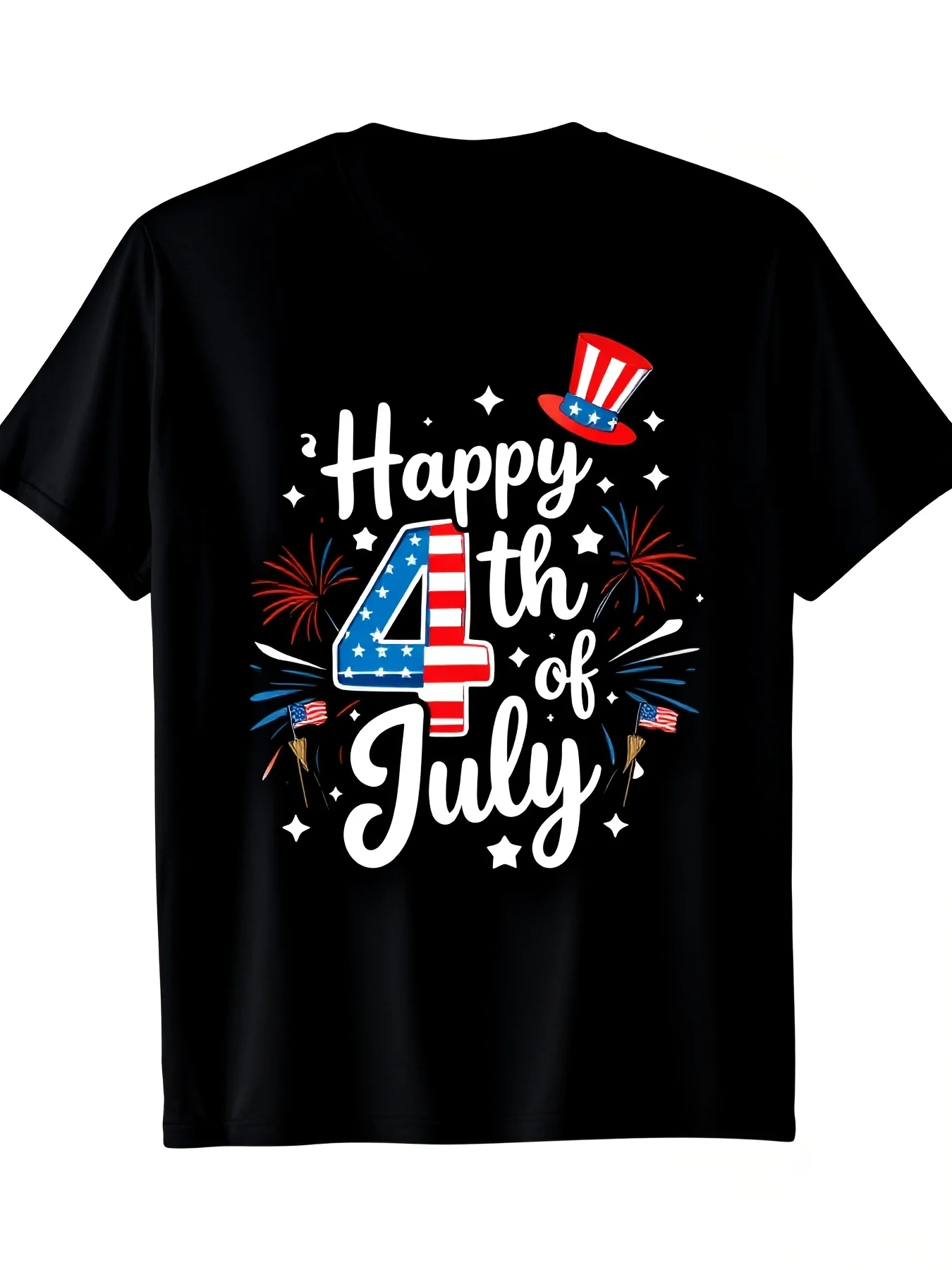 Celebre el Día de la Independencia de Estados Unidos con esta camiseta de temática patriótica, talla 4, unisex para hombre, cuello redondo negro, estampado de fuegos artificiales y estrellas, transpirable y cómoda, modelo estilo sésamo para hombre, hecha de tela pura, transpirable, que absorbe el sudor, suave, adecuada para desplazamientos diarios, uso en el hogar y uso informal.