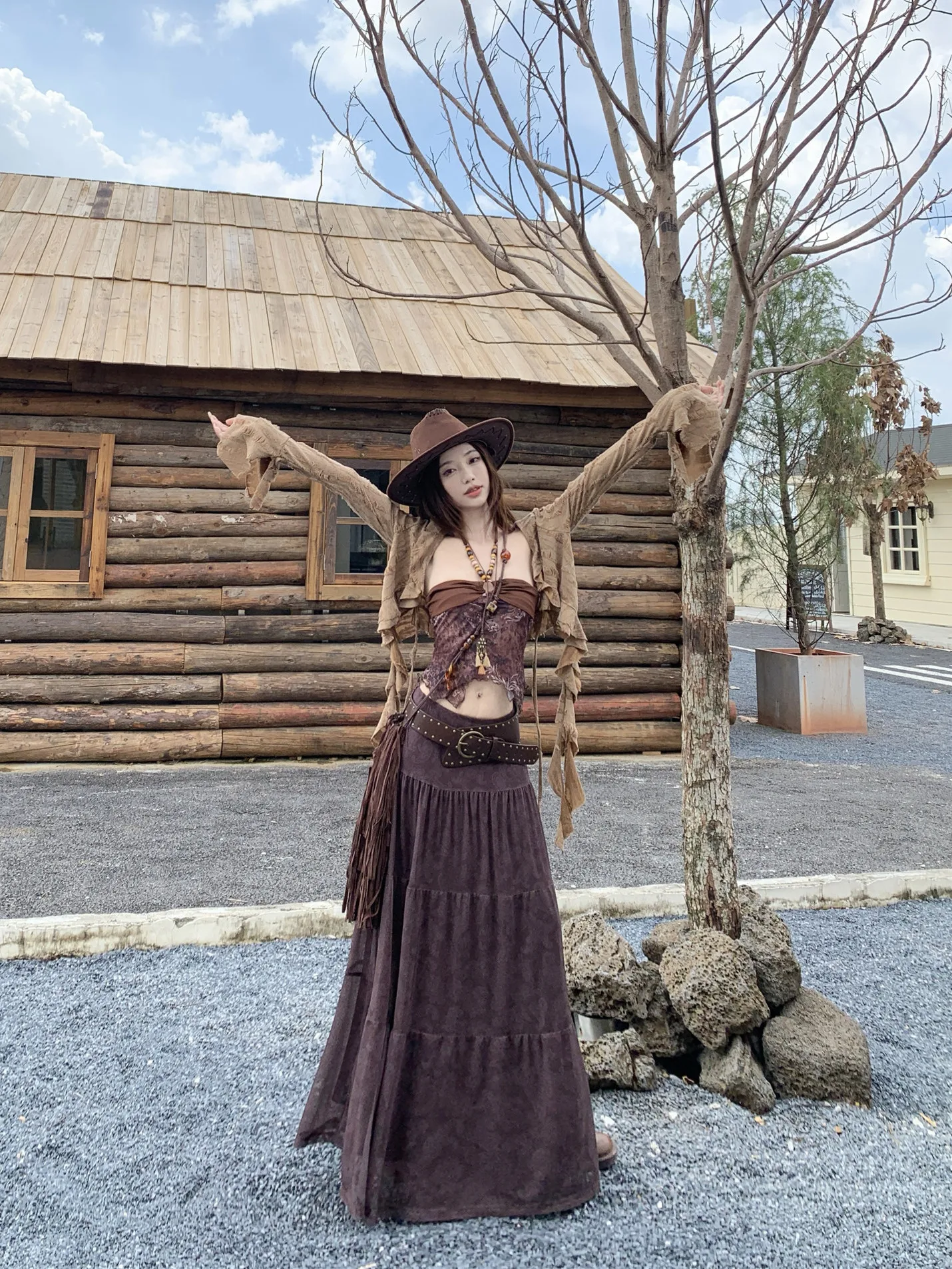 Retro Kumikumi Three-Piece Set Women's Long Sleeve Open Cardigan High Waist  Skirt Hole Design Layering Autumn Fashion