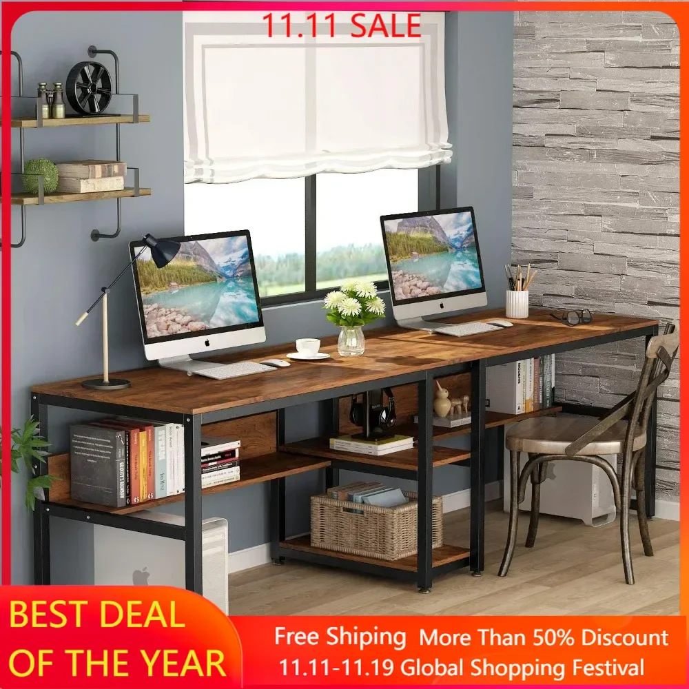 

Two Person Desk with Bookshelf, 78.7 Computer Office Double Desk for Two Person, Rustic Writing Desk Workstation with Shelf