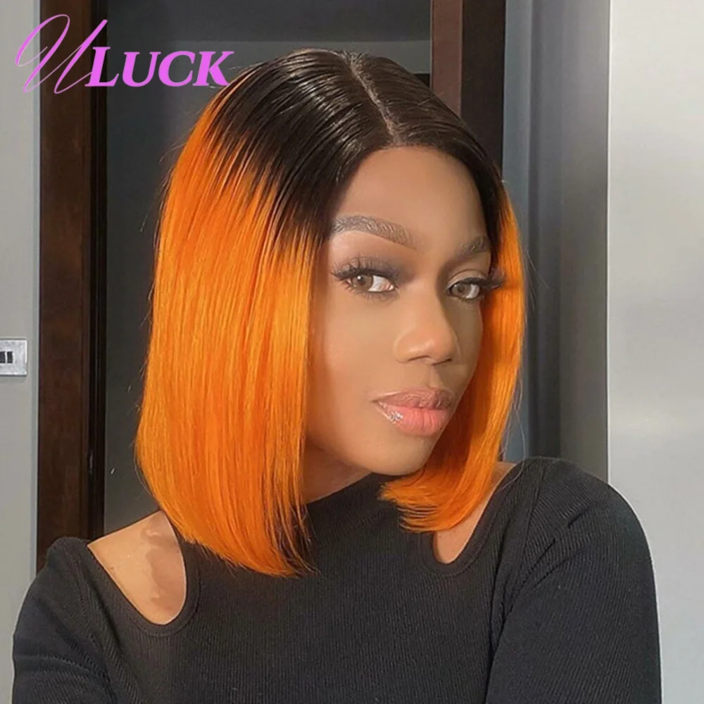 

Uluck Double Drawn Short Straight Bob Wig 2x6 Lace Frontal Wigs Ombre Ginger Colored 300% Density Real Human Hair Wigs For Women