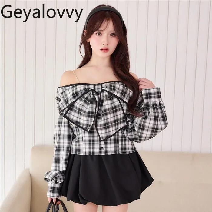 

Spring Autumn New Japanese Sweet Style Bowknot Off-shoulder Short Blouse Versatile Long Sleeve Shirt Slim Fit Cropped Tops