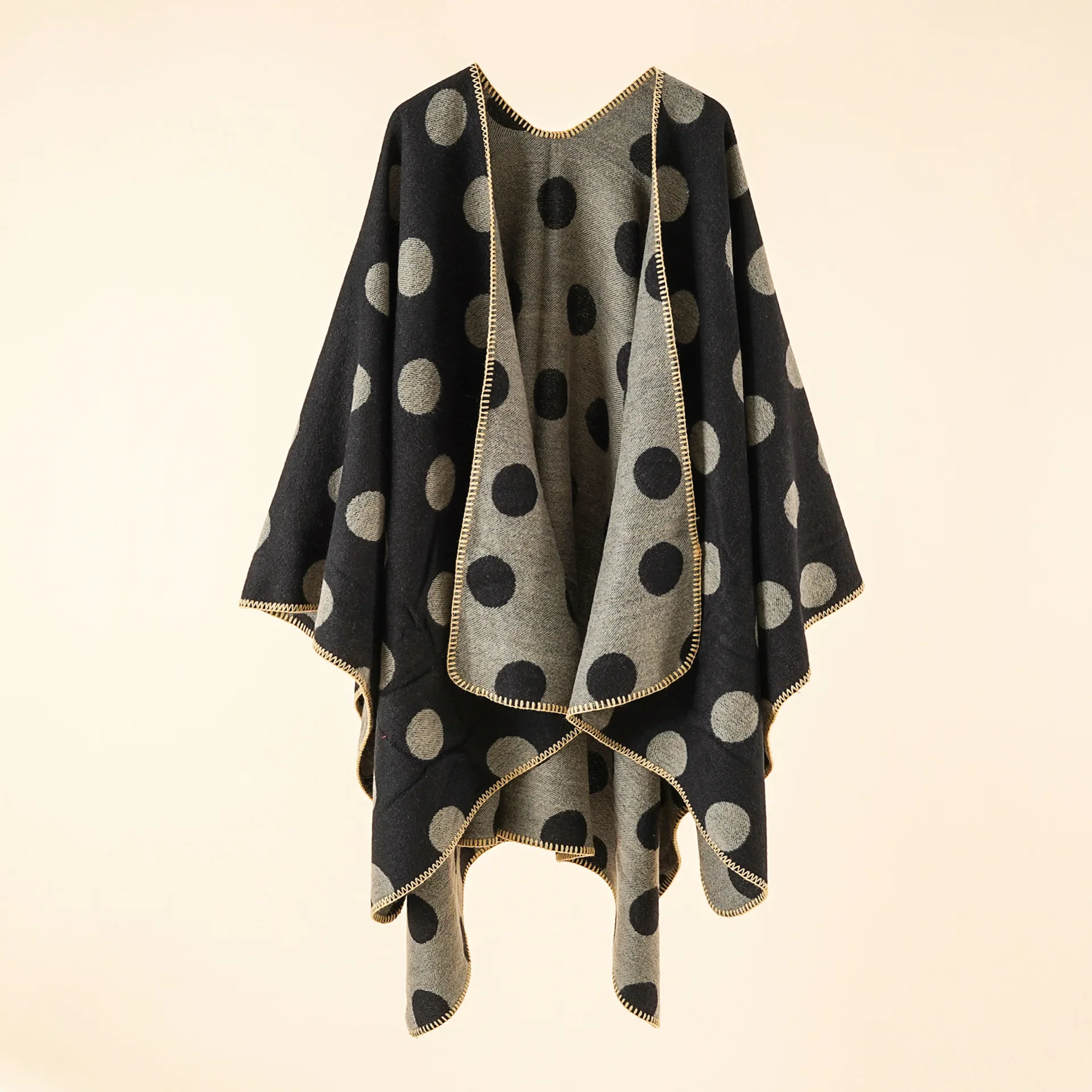 

2024 Autumn Winter New Dot Pattern Cardigan Imitation Cashmere Warm Casual Women Shawl Poncho Capes Lady Coat Gray Black