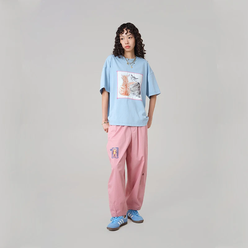 MOVEUP Round Neck Short Sleeved T-Shirt 2026 Summer Drop Sleeves Cat Patch Embroidery Commuting Oversize Tee For Women 3ELX10536
