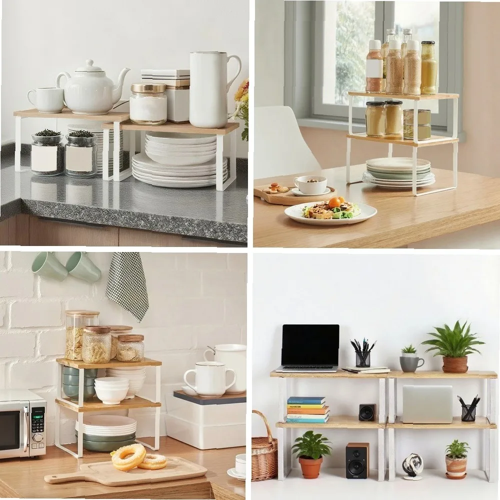 

2-Tier Spice Rack for Kitchen Cabinet, 6kg Per Shelf Wood & Metal Organizer, Dish Shelf Storage Set