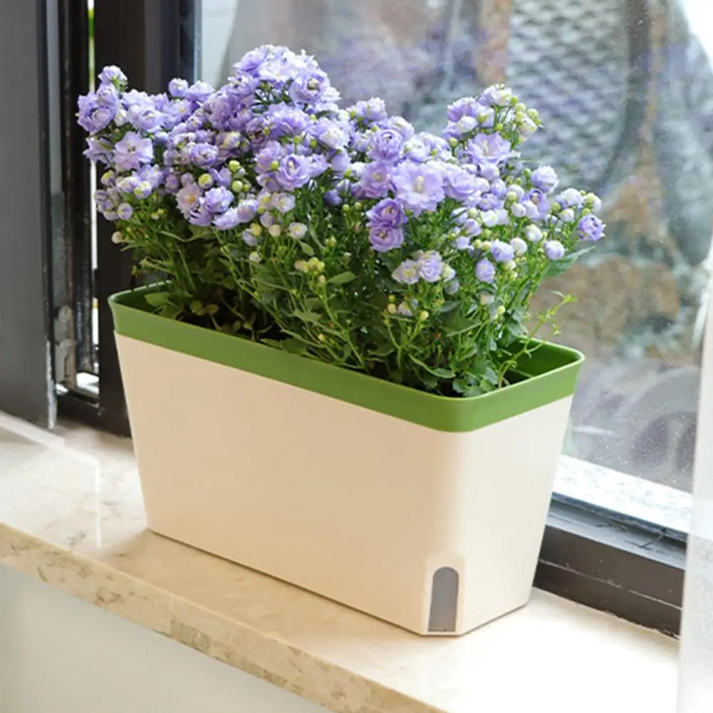 Plant Pot Self Watering Rectangle Modern Double Layer Flower Planter Durable Fade-resistant Water Level Visible Planter Box