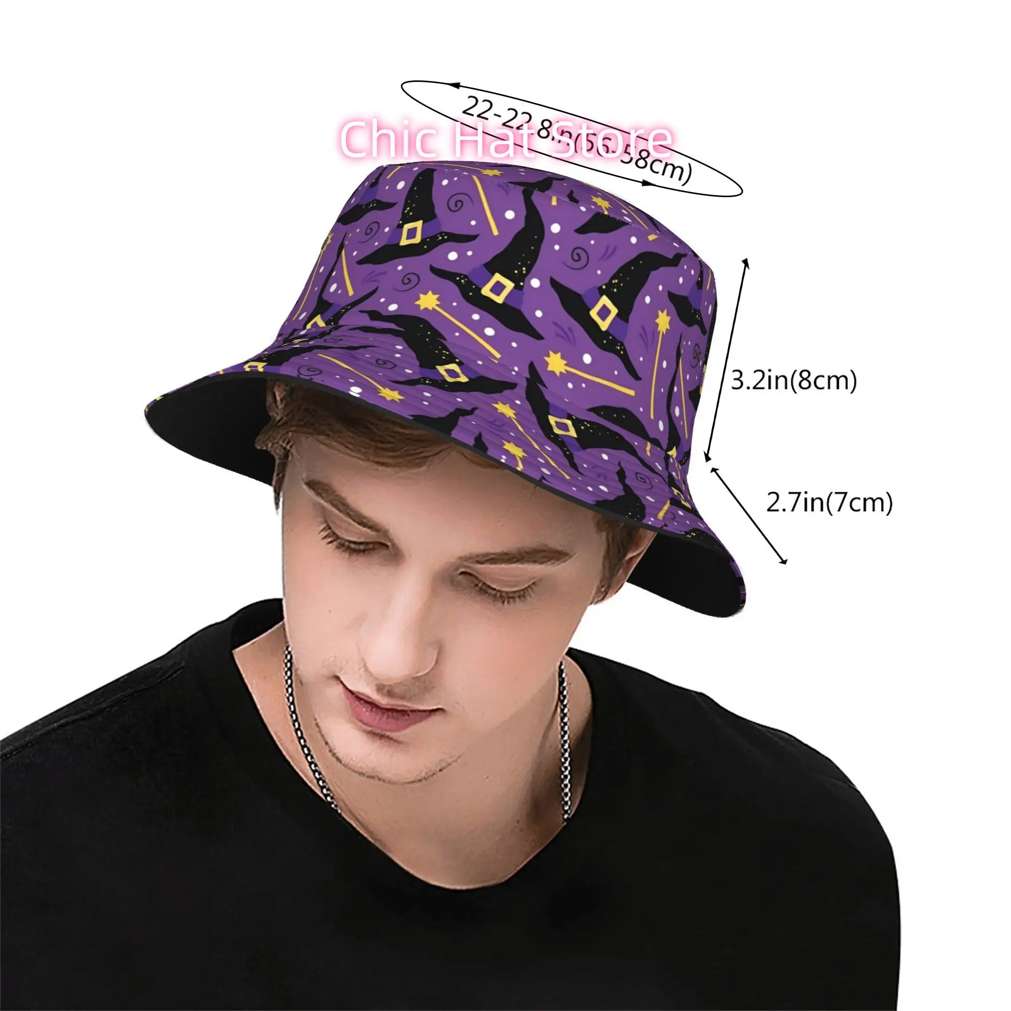 1pc Wizard Witch Hat & Wand - Wide-Brimmed Magic Party Hat with Golden/Purple/Pink/Grey/Golden Accent - Machine Washable - Perfe