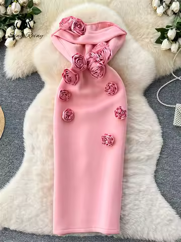 SINGREINY 3D Floral Evening Party Dress 2025 Strapless Split Backless French Style Luxury High Quality Bodycon Long Dress