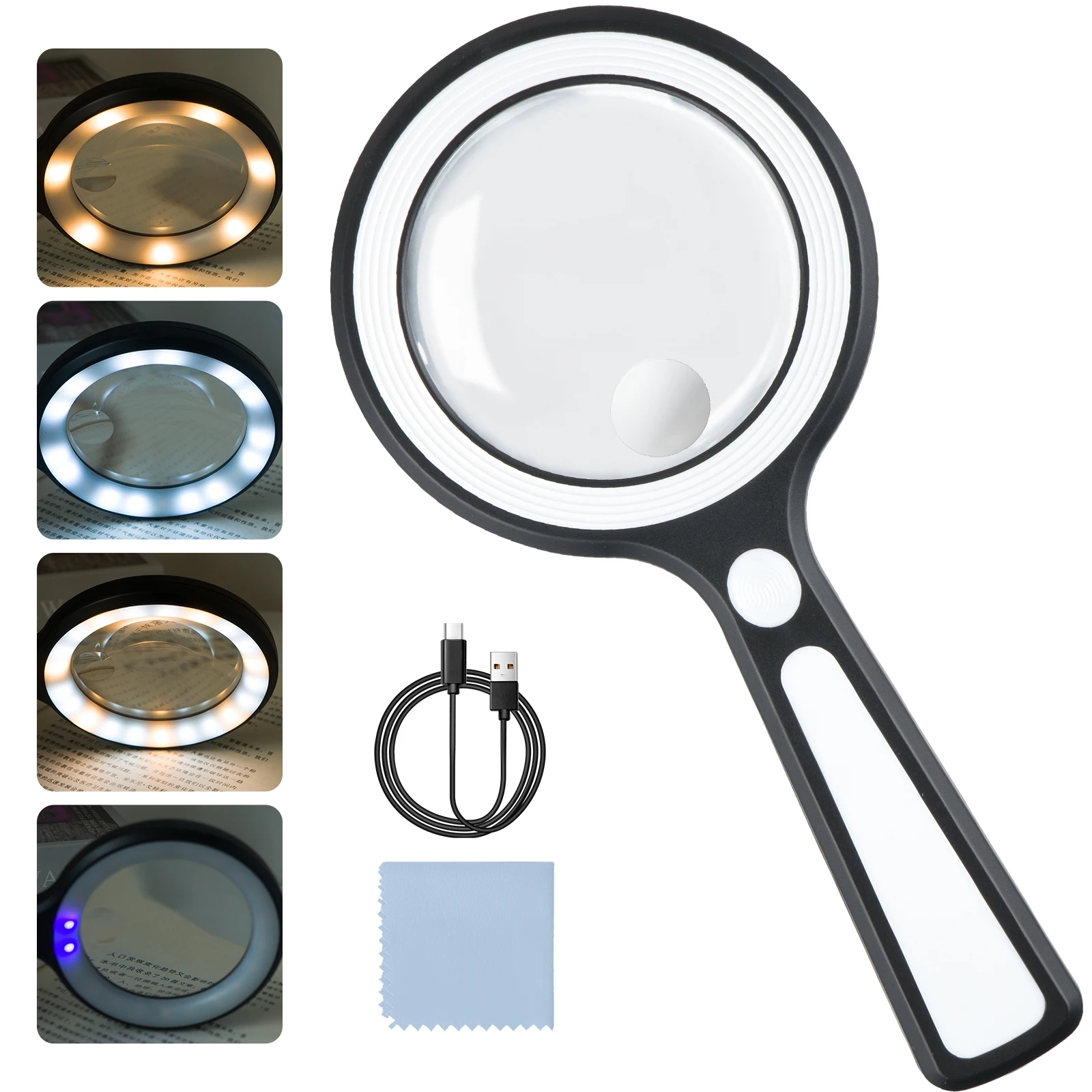 

Touch Switch Handheld Magnifier, Rechargeable Magnifying Glass with 4 Modes Lighted for Seniors Reading Crafts Jewelry Hobbies