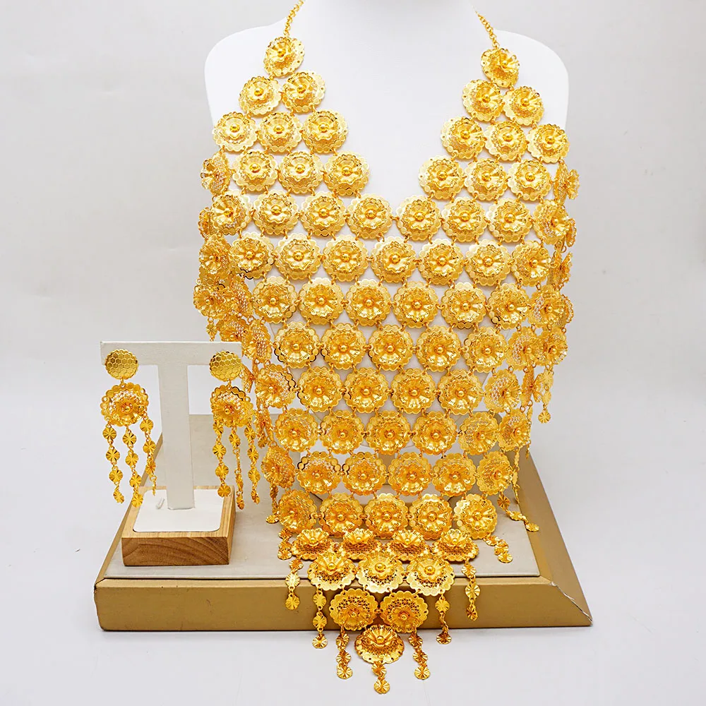 

Luxurious Dubai Golden Big Wide Necklace With Tassel Jewelry Set For Women Big Necklace Earrings Jewelry Set Wedding Jewelry