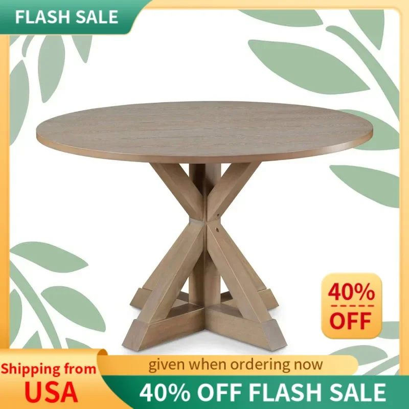 

Finch Alfred Round Solid Wood Rustic Dining Table for Farmhouse Kitchen Room Decor, Wooden Trestle Pedestal Base, 46.5" Wide Cir