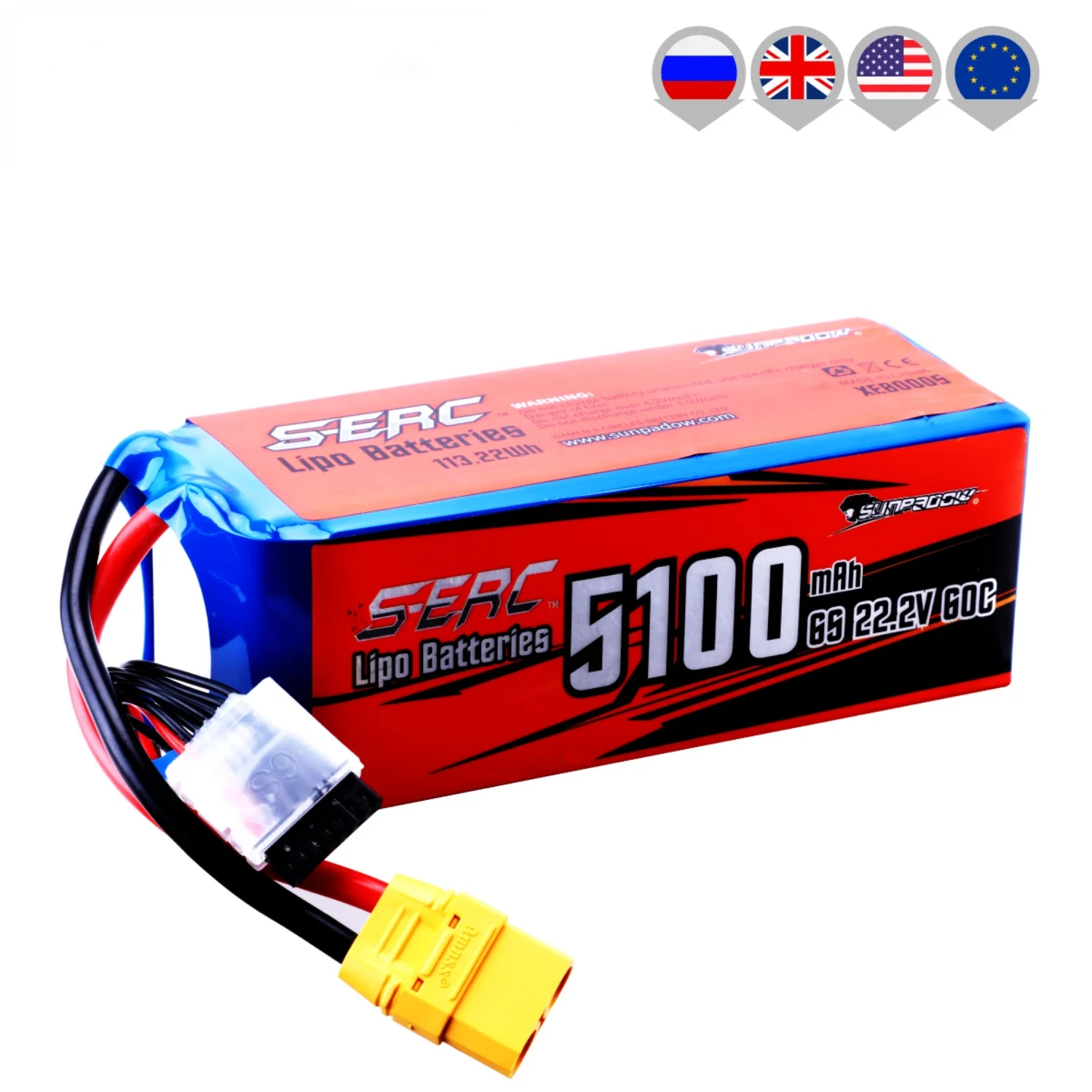 

6S RC Lipo Батарея 22,2 В 60C 5100 мАч с разъемом XT90 RC Самолет Квадрокоптер Дрон FPV Вертолет